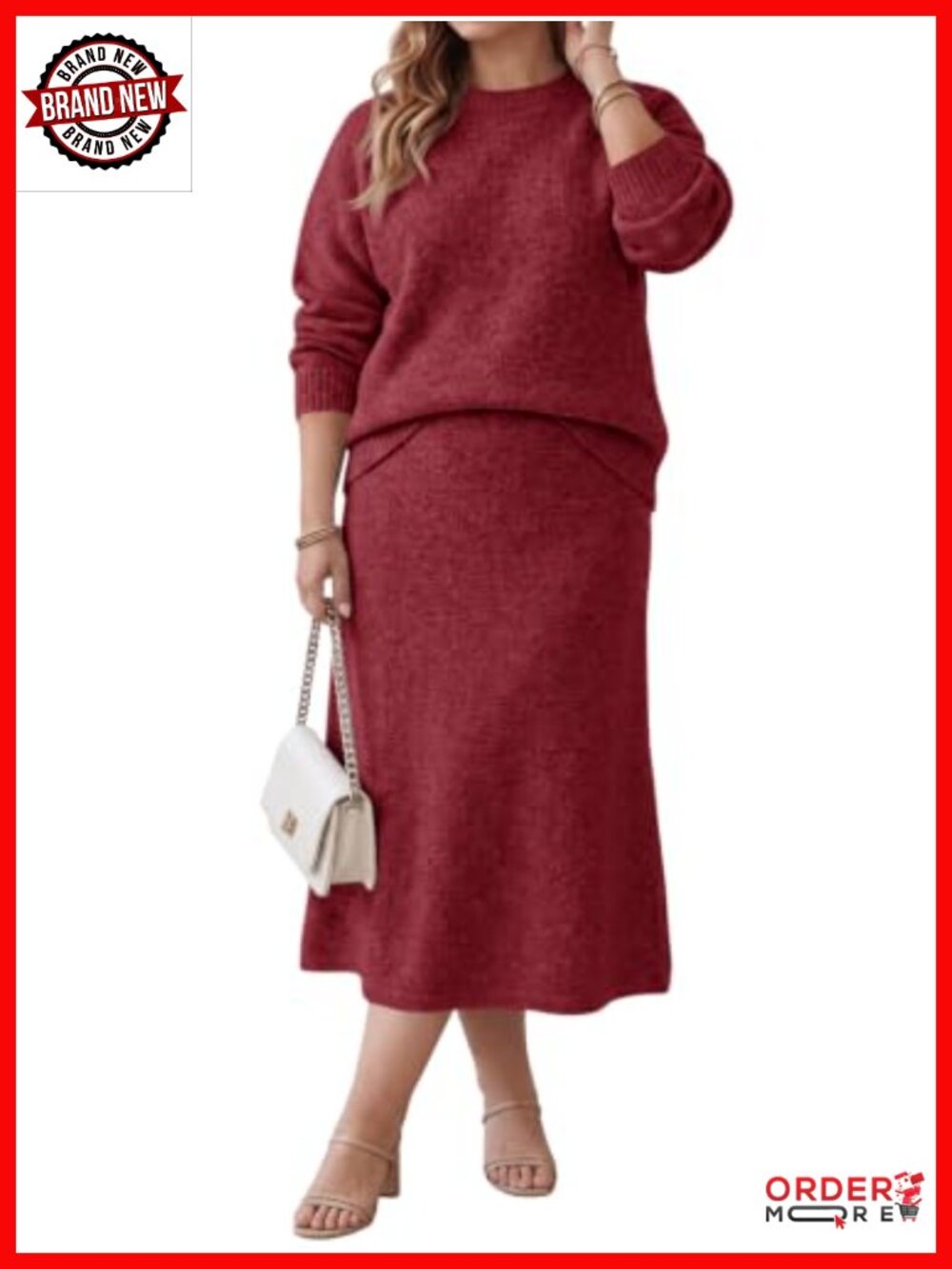 Plus Size 2 Piece Sweater Skirt Set Knit Pullover Midi A-Line Office Wear